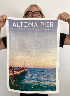 Altona Pier Jump tea towel by Kerrie Gottliebsen